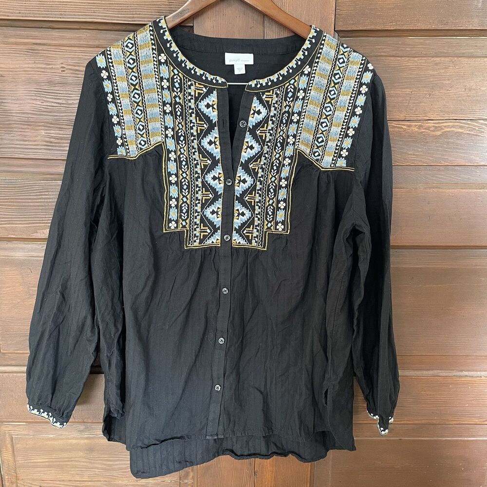 pure jill Elements 2x Black Embroidered Boho Lagenlook Blouse  - Picture 1 of 6